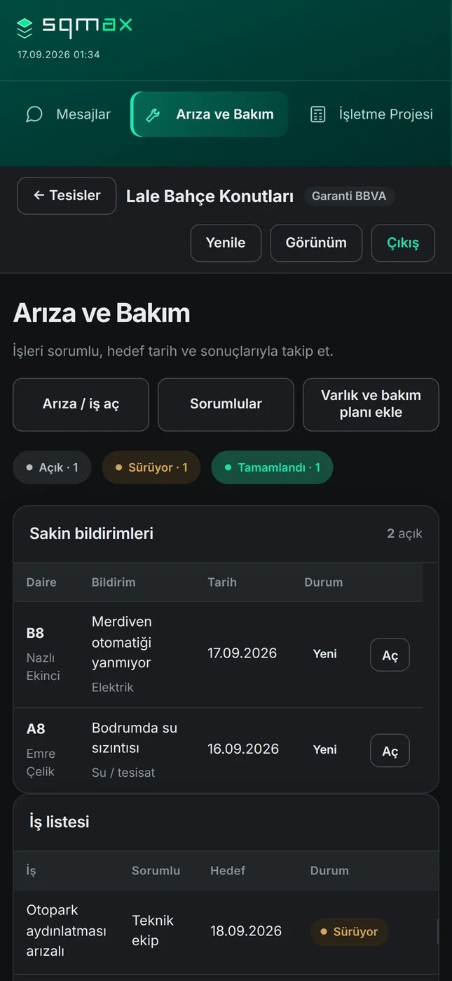 SQMax arıza ve bakım ekranı